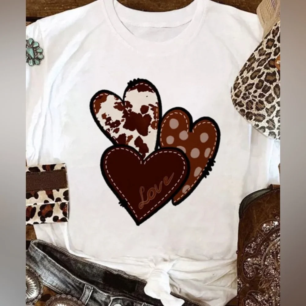 White Animal Polka Dot Letter Print Heart Shape Casual Graphic Top - Picture 6 of 6